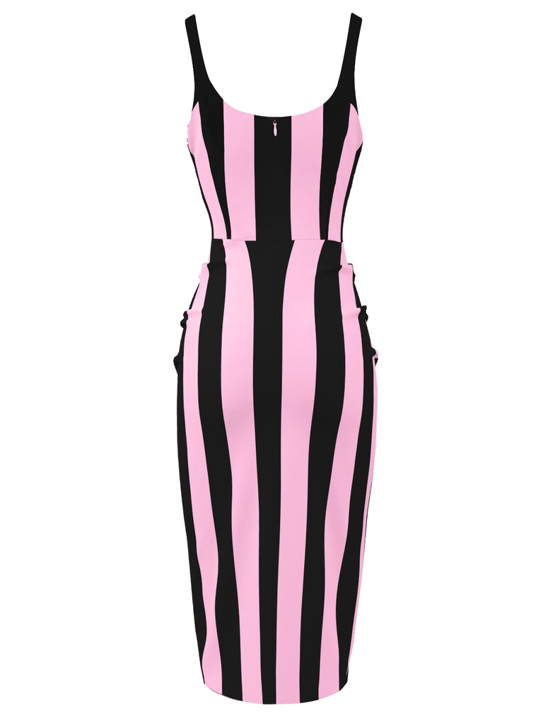 Black&Pink 1960s Vertical Stripe Straps Pencil Dress