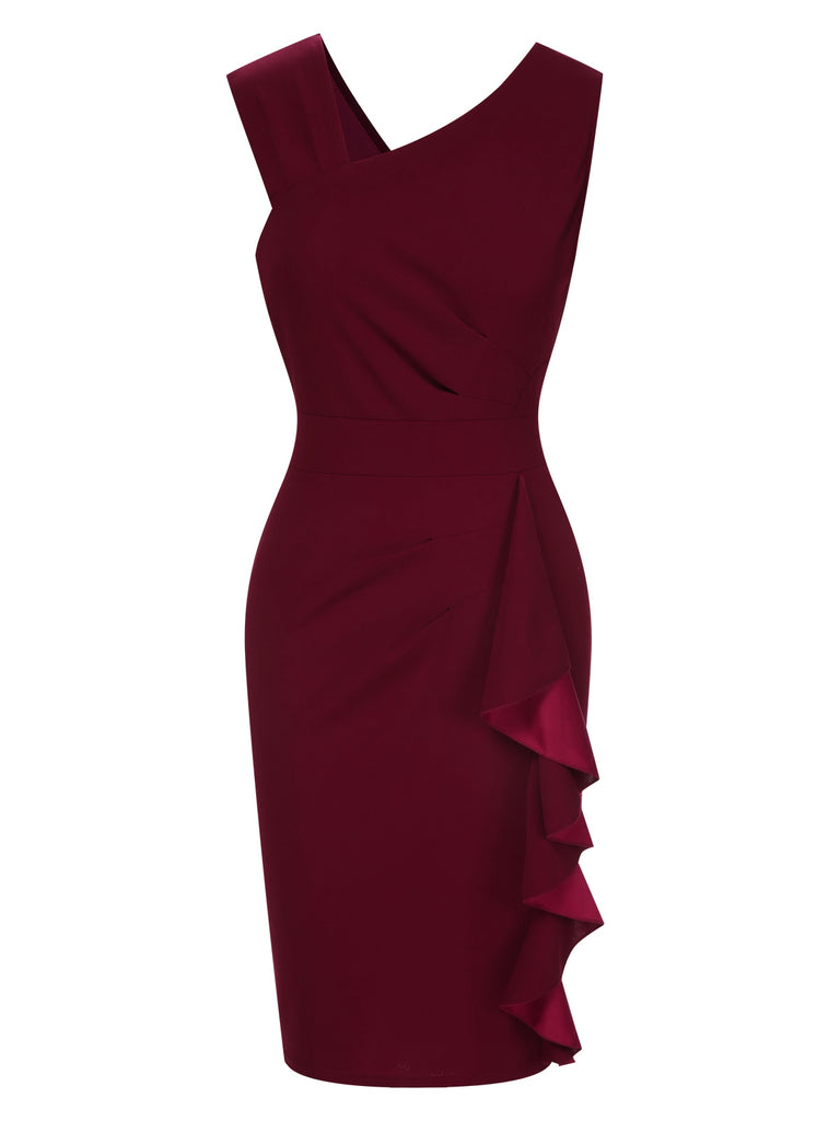 Wine Red 1960s Solid Ruffle Trim Pencil Dress