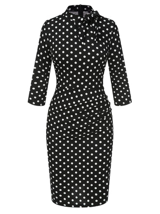 Black 1960s Tie Neck Polka Dots Dress