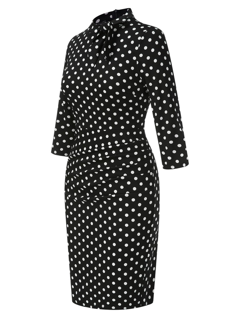 Black 1960s Tie Neck Polka Dots Dress