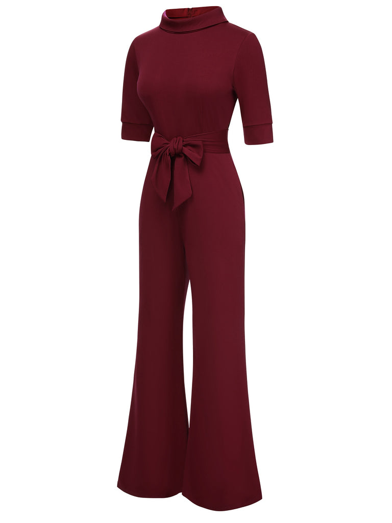 1930s Solid Rolled Collar Belted Jumpsuit