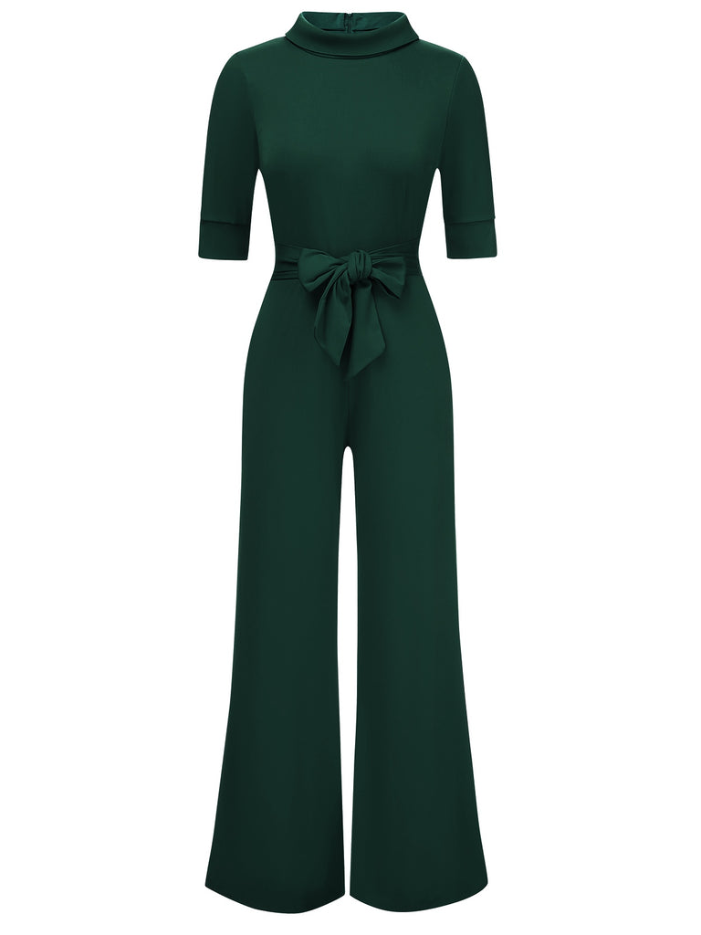 1930s Solid Rolled Collar Belted Jumpsuit