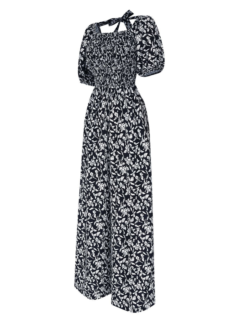 Black 1930s Square Neck Puff Floral Jumpsuit