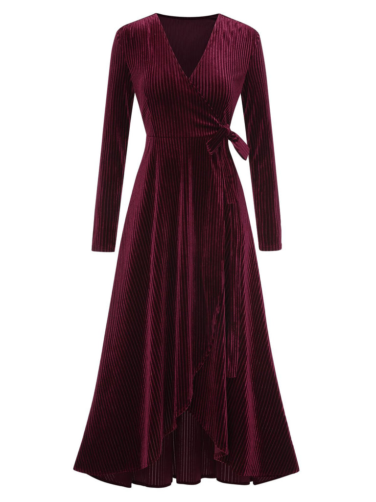 1930s Solid V-Neck Corduroy Slit Dress