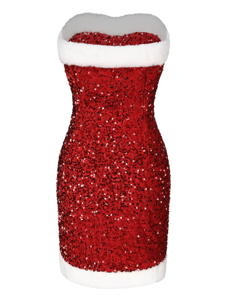 Red 1960s Strapless Sequined Dress