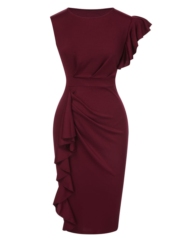 Wine Red 1960s Ruffles Sleeve Solid Wrap Dress