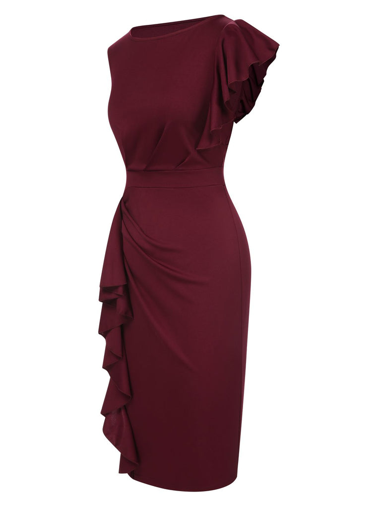 Wine Red 1960s Ruffles Sleeve Solid Wrap Dress