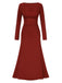 Wine Red 1930s Pleated Long Sleeve Solid Dress