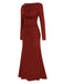 Wine Red 1930s Pleated Long Sleeve Solid Dress