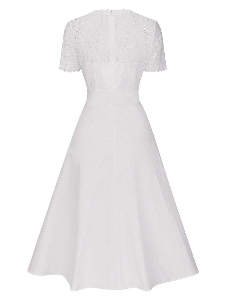 White 1940s V-Neck Lace Patchwork Dress