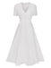 White 1940s V-Neck Lace Patchwork Dress