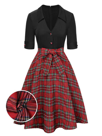 Black 1940s Bowknot Plaid Patchwork Lapel Dress