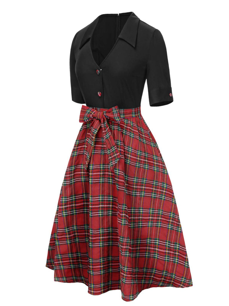 [Pre-Sale] Black 1940s Bowknot Plaid Patchwork Lapel Dress