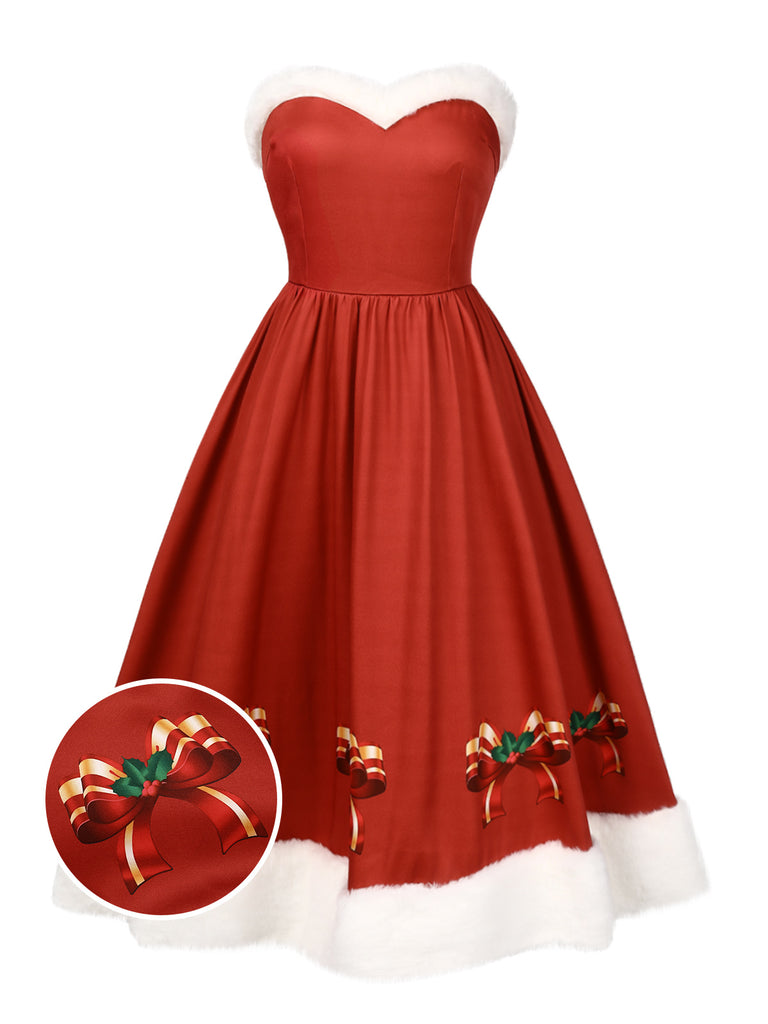 [Pre-Sale] Red 1950s Christmas Strapless Bow Fur Trim Dress