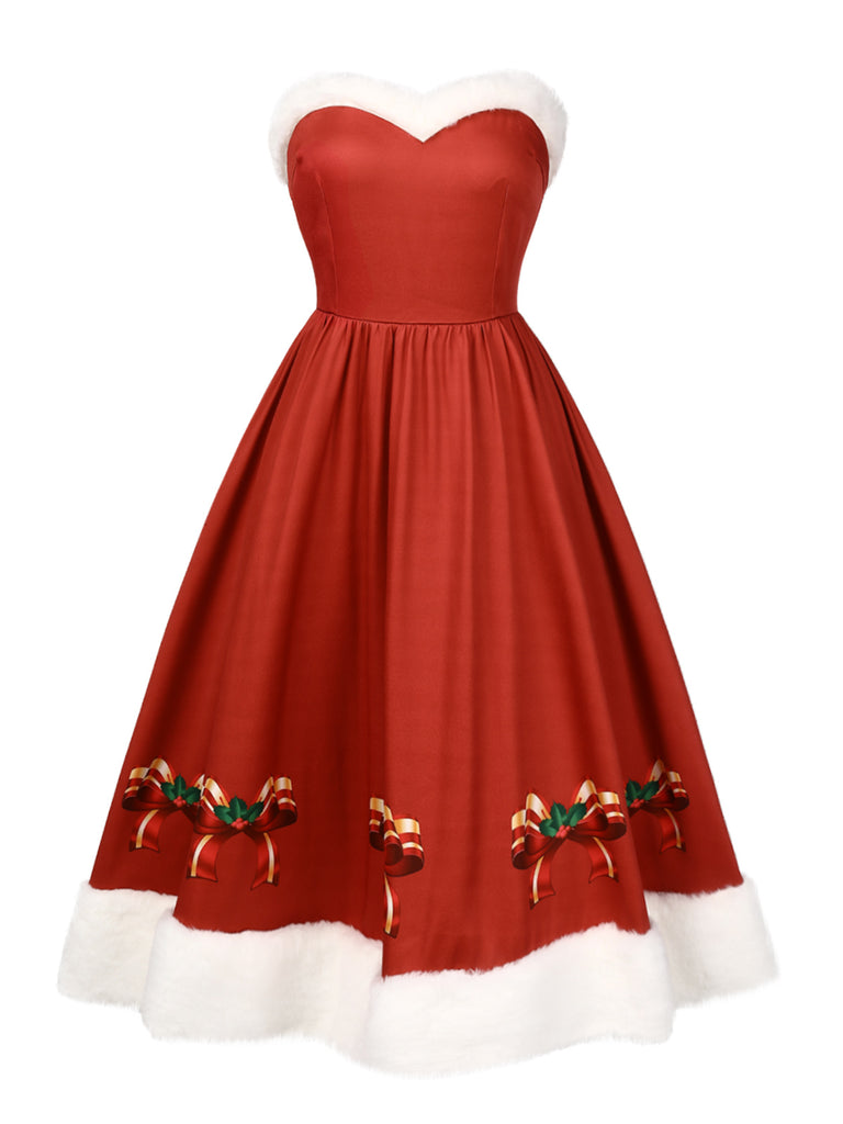 [Pre-Sale] Red 1950s Christmas Strapless Bow Fur Trim Dress