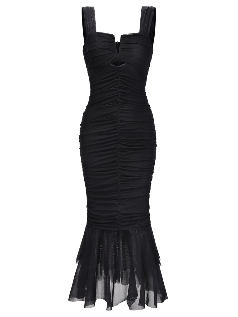 1930s Solid Pleated Wide Strap Fishtail Dress