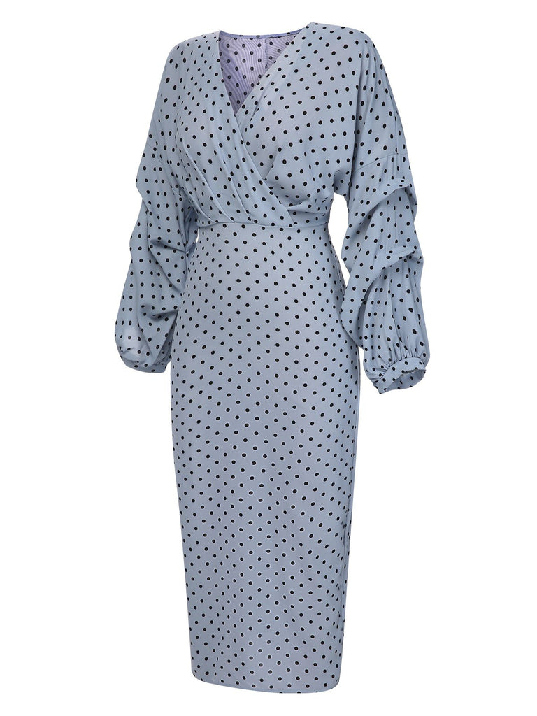 Blue 1960s Polka Dot V-Neck Pencil Dress