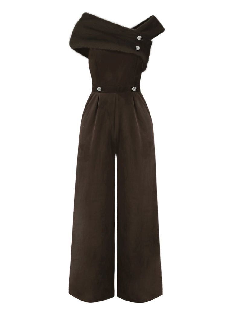 [Pre-Sale] Brown 1950s Velvet Off Shoulder Button Jumpsuit