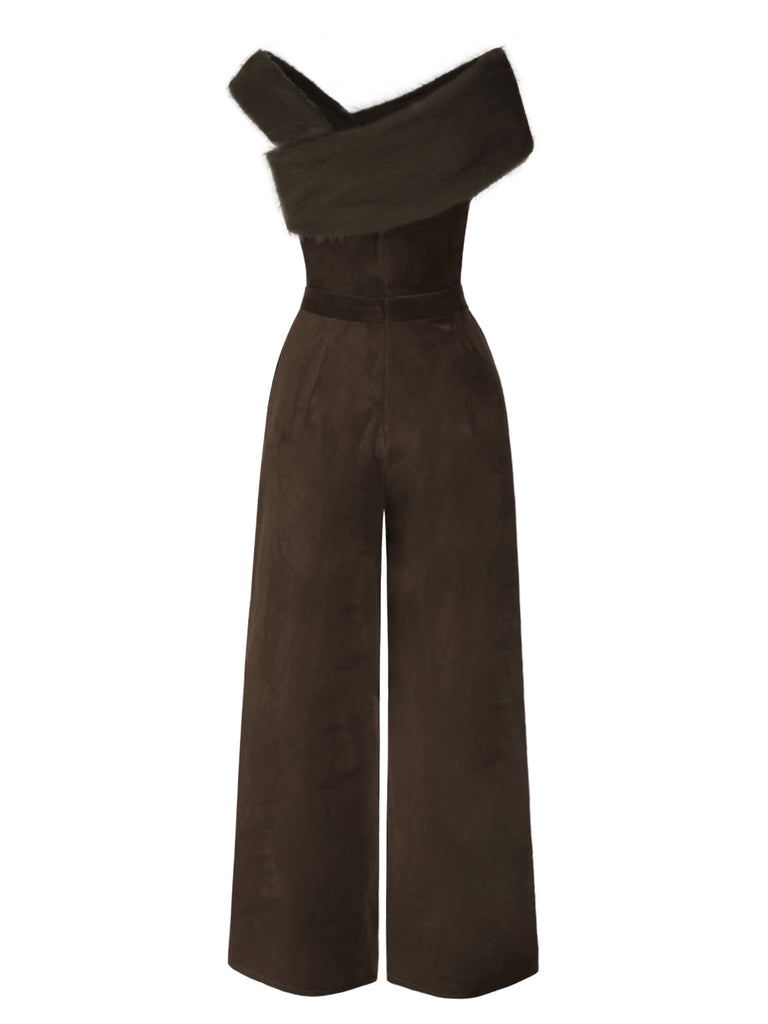 [Pre-Sale] Brown 1950s Velvet Off Shoulder Button Jumpsuit