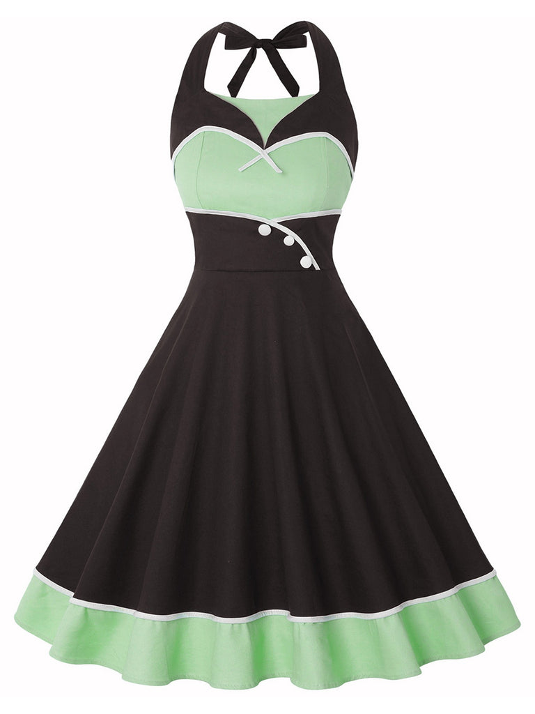 1950s Contrast Polka Dot Patchwork Halter Dress