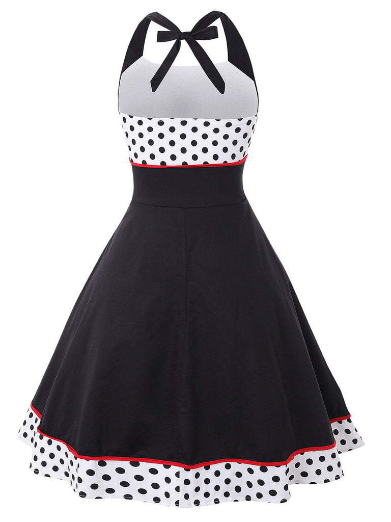 1950s Contrast Polka Dot Patchwork Halter Dress