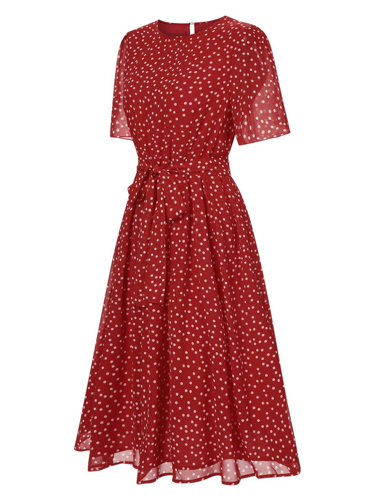 Red 1940s Polka Dots Chiffon Belted Dress