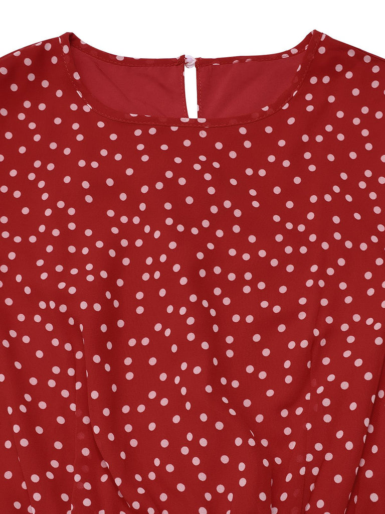 Red 1940s Polka Dots Chiffon Belted Dress