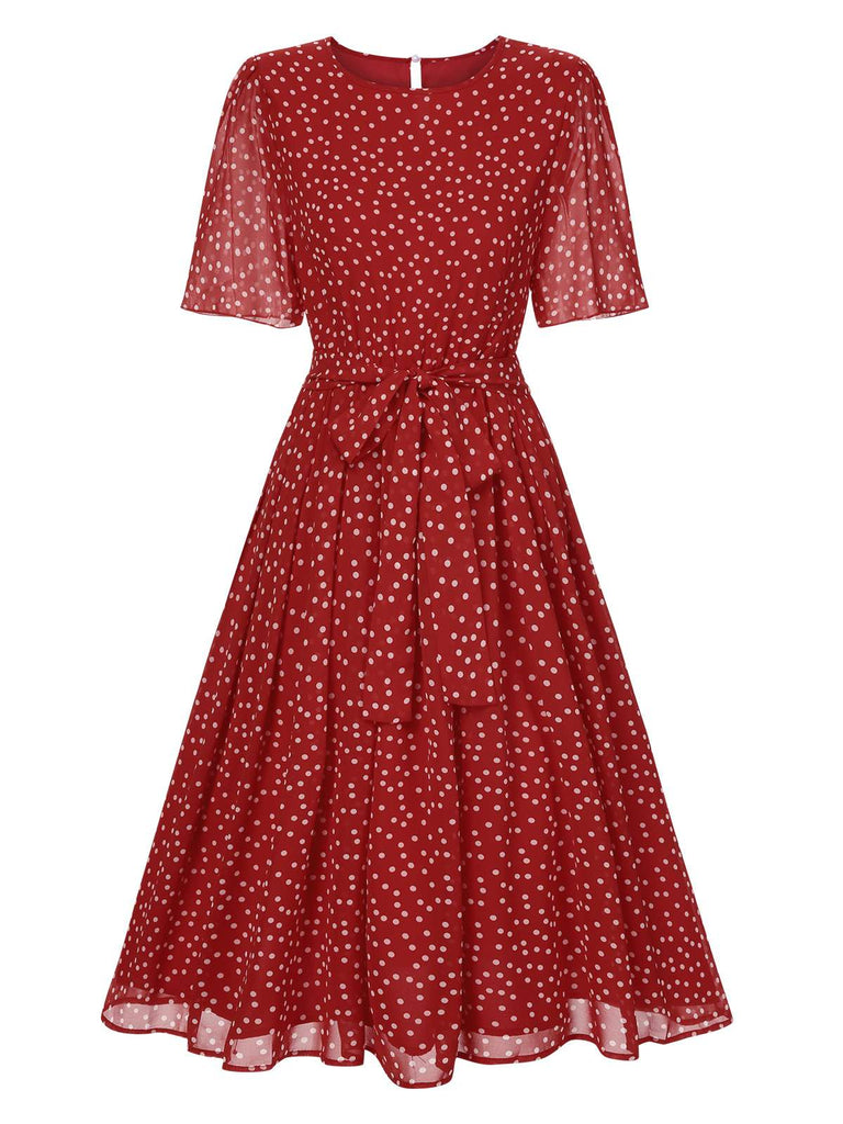 Red 1940s Polka Dots Chiffon Belted Dress