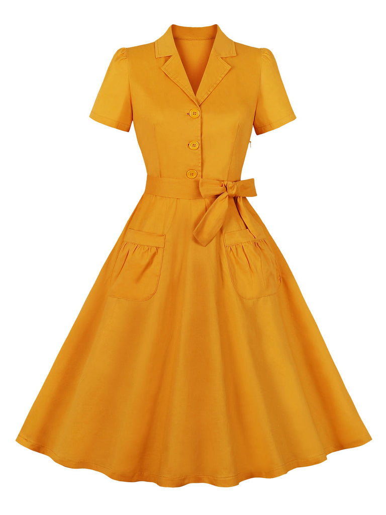 Turmeric 1950s Buttoned Lapel Belted Dress