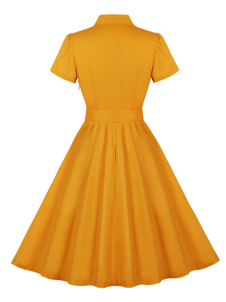 Turmeric 1950s Buttoned Lapel Belted Dress