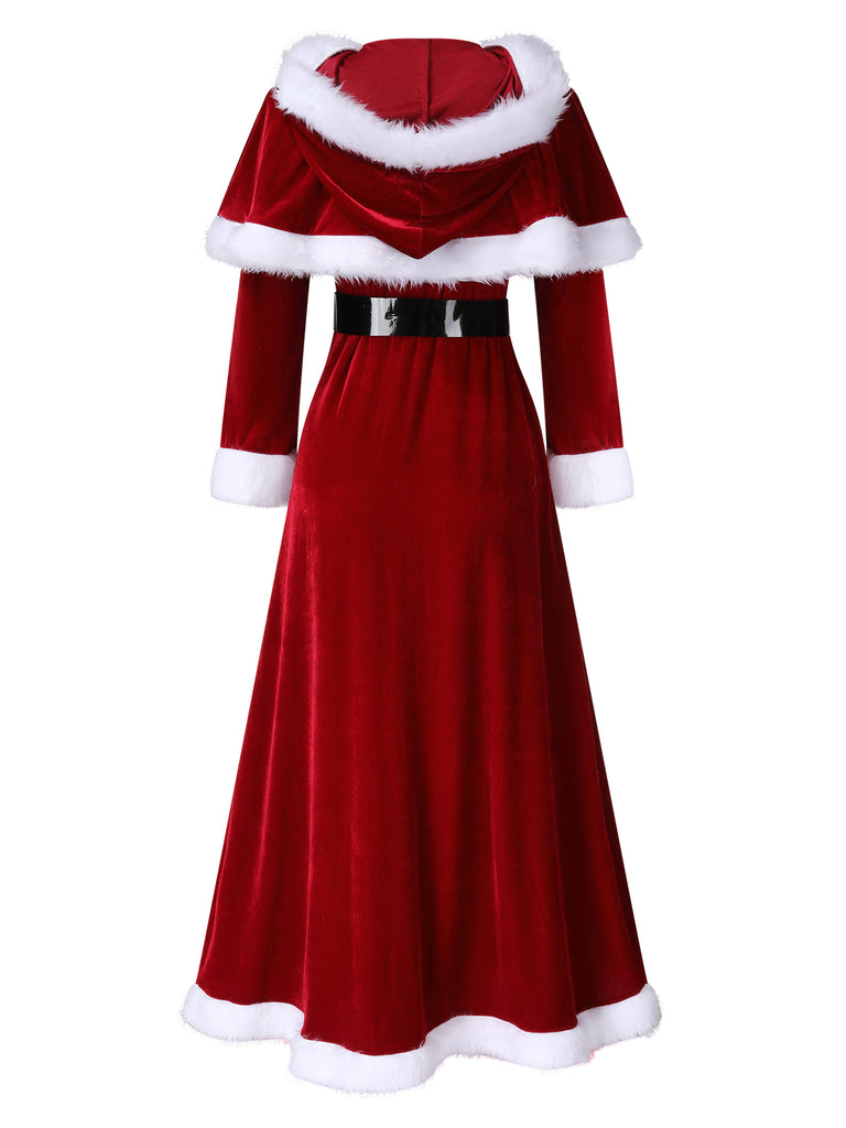 Red 1940s Christmas Velvet Hooded Cloak Dress