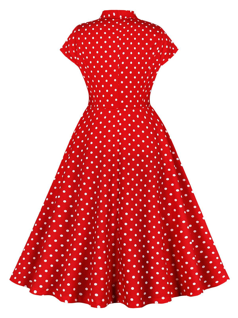 Red 1950s Polka Dot Buttoned Lapel Dress