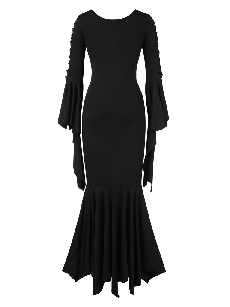 Black 1930s Solid Batwing Lace-Up Fishtail Dress