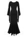 Black 1930s Solid Batwing Lace-Up Fishtail Dress