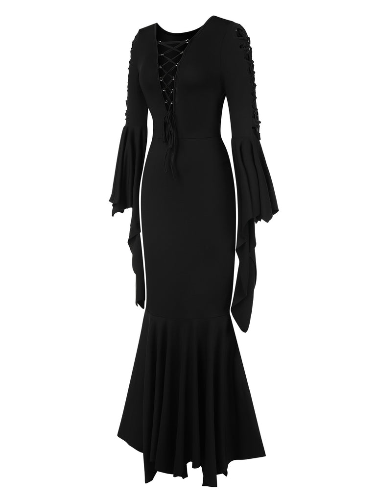 Black 1930s Solid Batwing Lace-Up Fishtail Dress