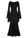 Black 1930s Solid Batwing Cuffs Fishtail Dress