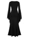 Black 1930s Solid Batwing Cuffs Fishtail Dress