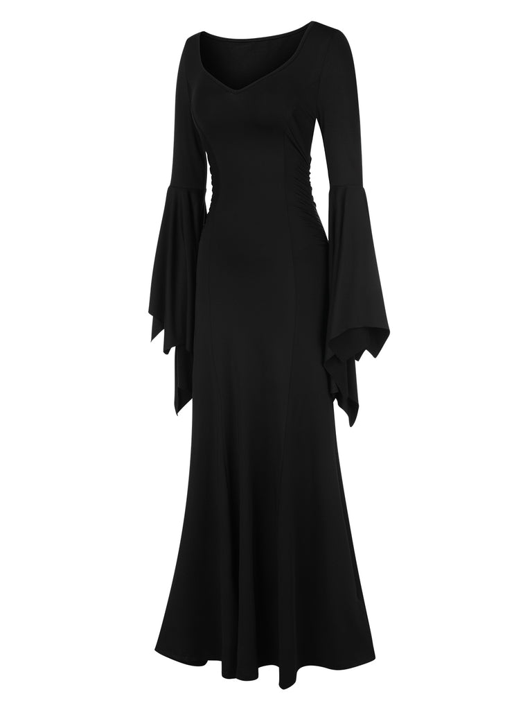 Black 1930s Solid Batwing Cuffs Fishtail Dress