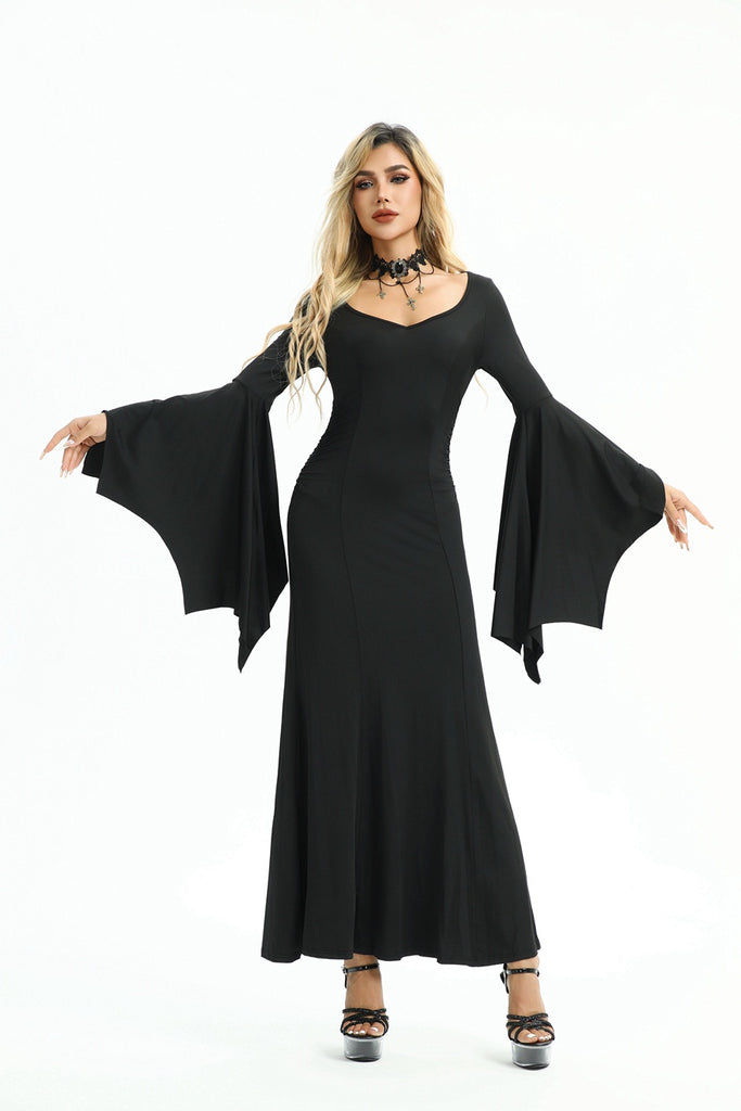 Black 1930s Solid Batwing Cuffs Fishtail Dress