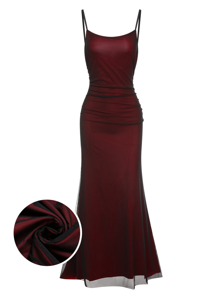 Wine Red 1930s Spaghetti Straps Double Layer Mesh Dress