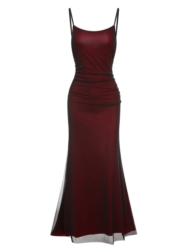 Wine Red 1930s Spaghetti Straps Double Layer Mesh Dress