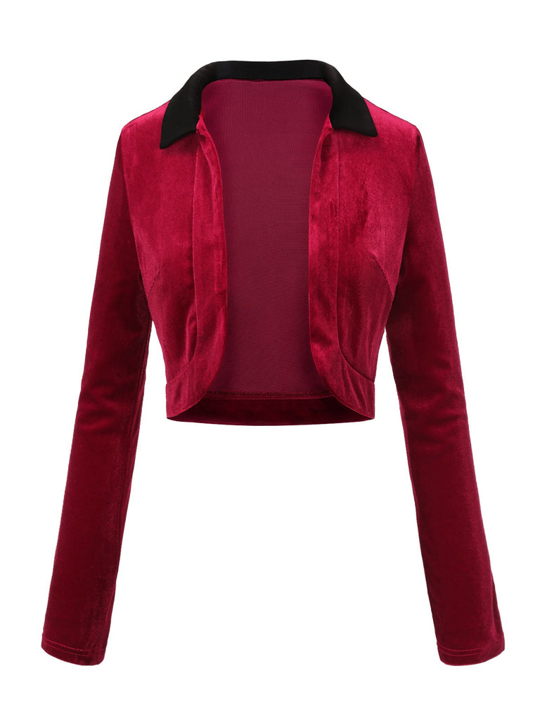 [Pre-Sale] Red 1930s Contrast Lapel Velvet Bolero Jacket