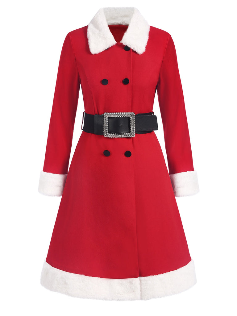 Red 1940s Plush Double-Breasted Belted Coat