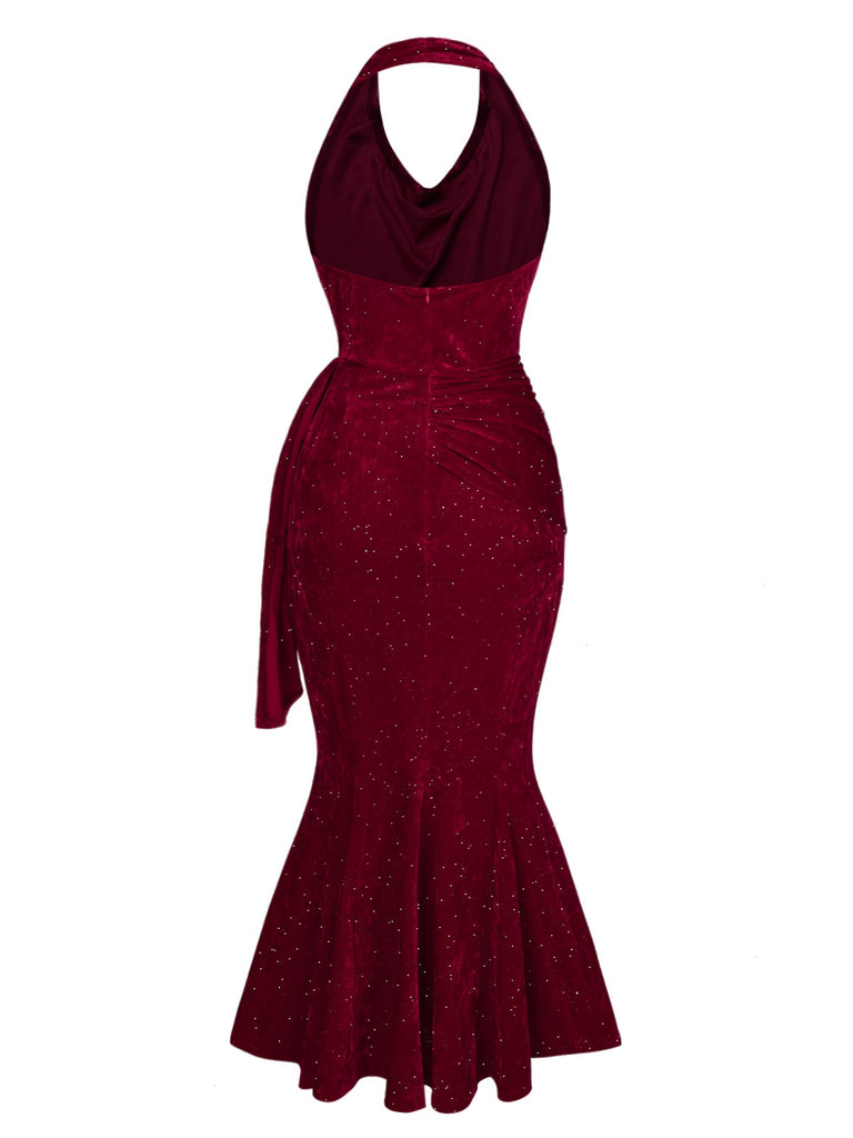 Deep Red 1930s Glitter Cowl Neck Mermaid Dress