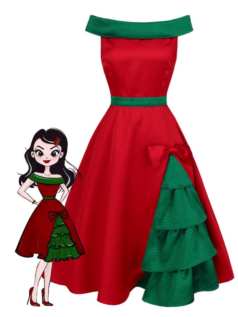 [Pre-Sale] Red & Green 1950s Chrismtas Tree Off-Shoulder Dress