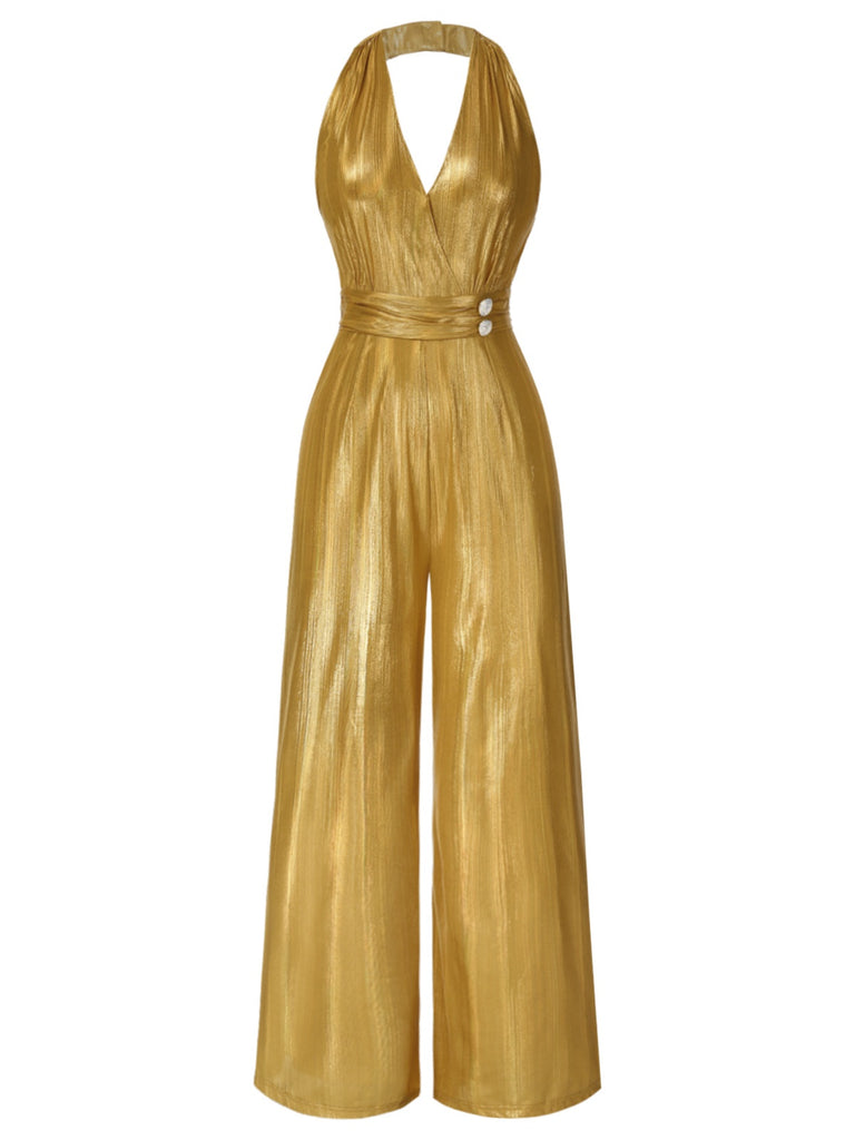 [Pre-Sale] Gold 1930s Solid V-Neck Halter Jumpsuit