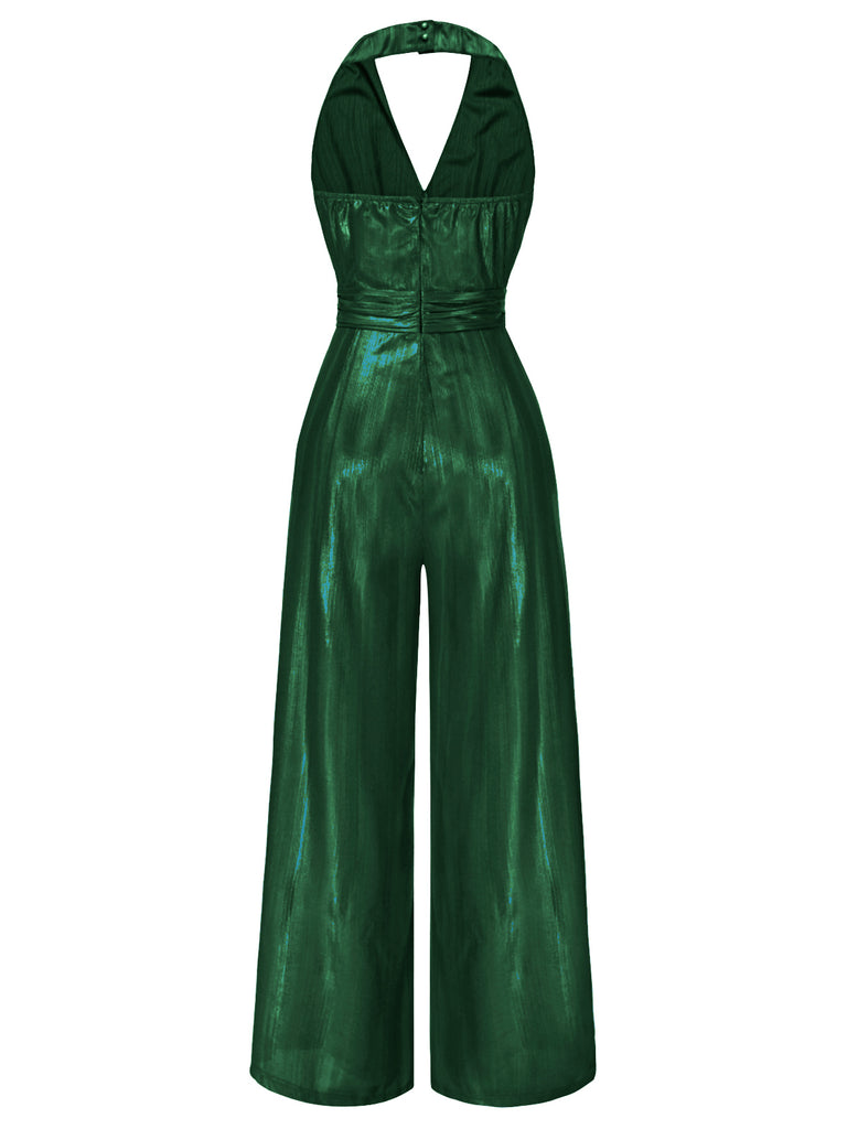 [Pre-Sale] Silver 1970s Solid V-Neck Halter Jumpsuit