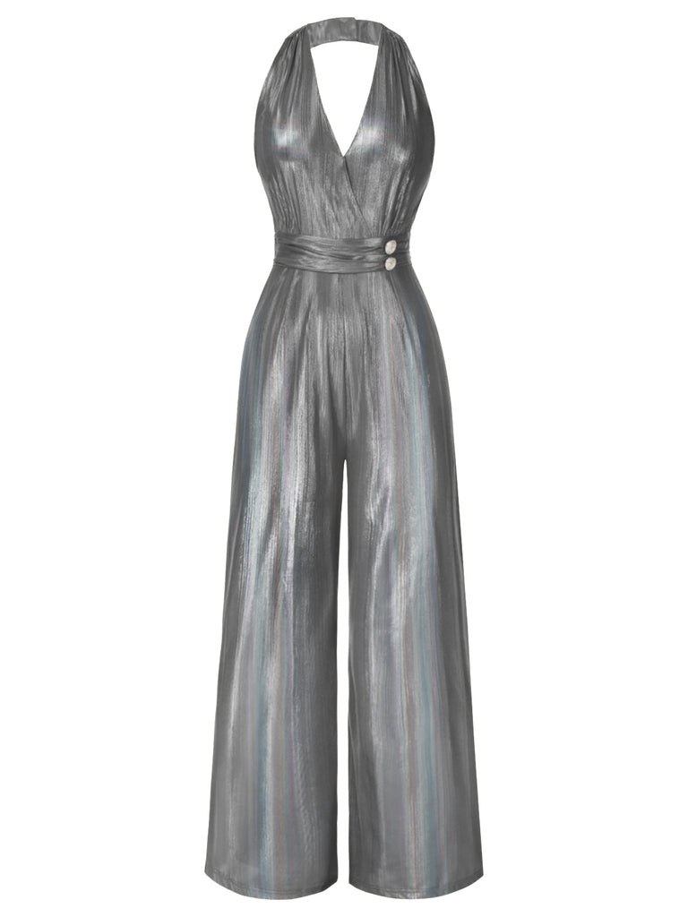 Gold 1970s Solid V-Neck Halter Jumpsuit