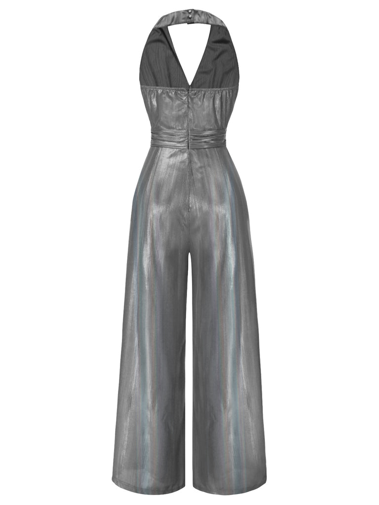 Gold 1970s Solid V-Neck Halter Jumpsuit