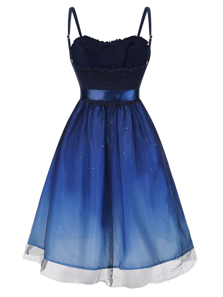 Blue 1950s Gradient Mesh Waist Smocked Dress